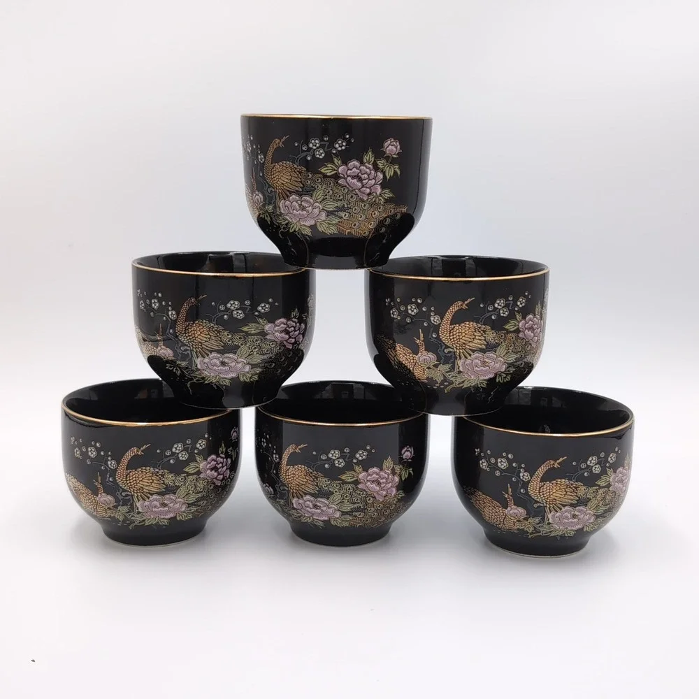 6‎ Vintage OTC Japan Peacock Tea Sake Cups Set Black Gold Floral Yunomi Peony